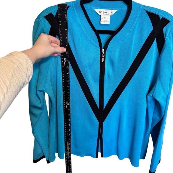 Misook- Zip Front Santana Knit Cardigan Black Turqouise Long Sleeve Large Petite - Picture 8 of 9